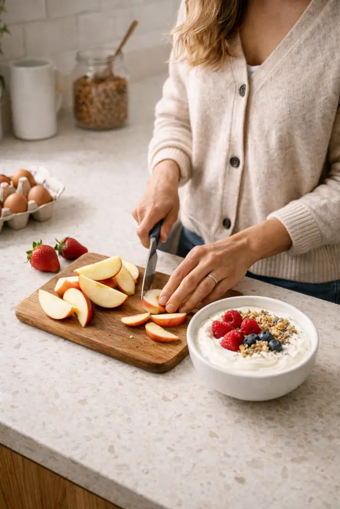 woman preparing healthy snack in kitchen