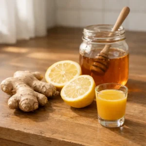 Preparing homemade ginger wellness shot in kitchen