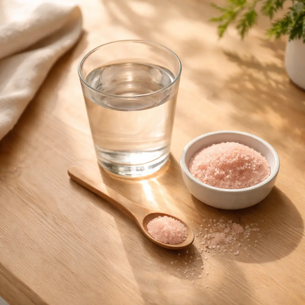 Stirring mineral salt into warm water for morning salt water drink