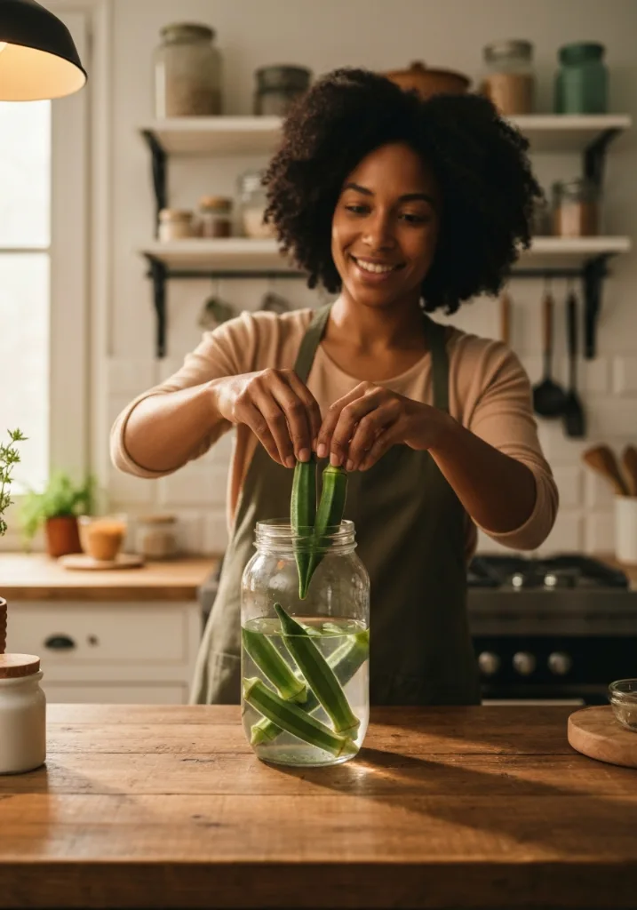 A person preparing okra water at night with okra pods in water for soaking. okra water for gut health