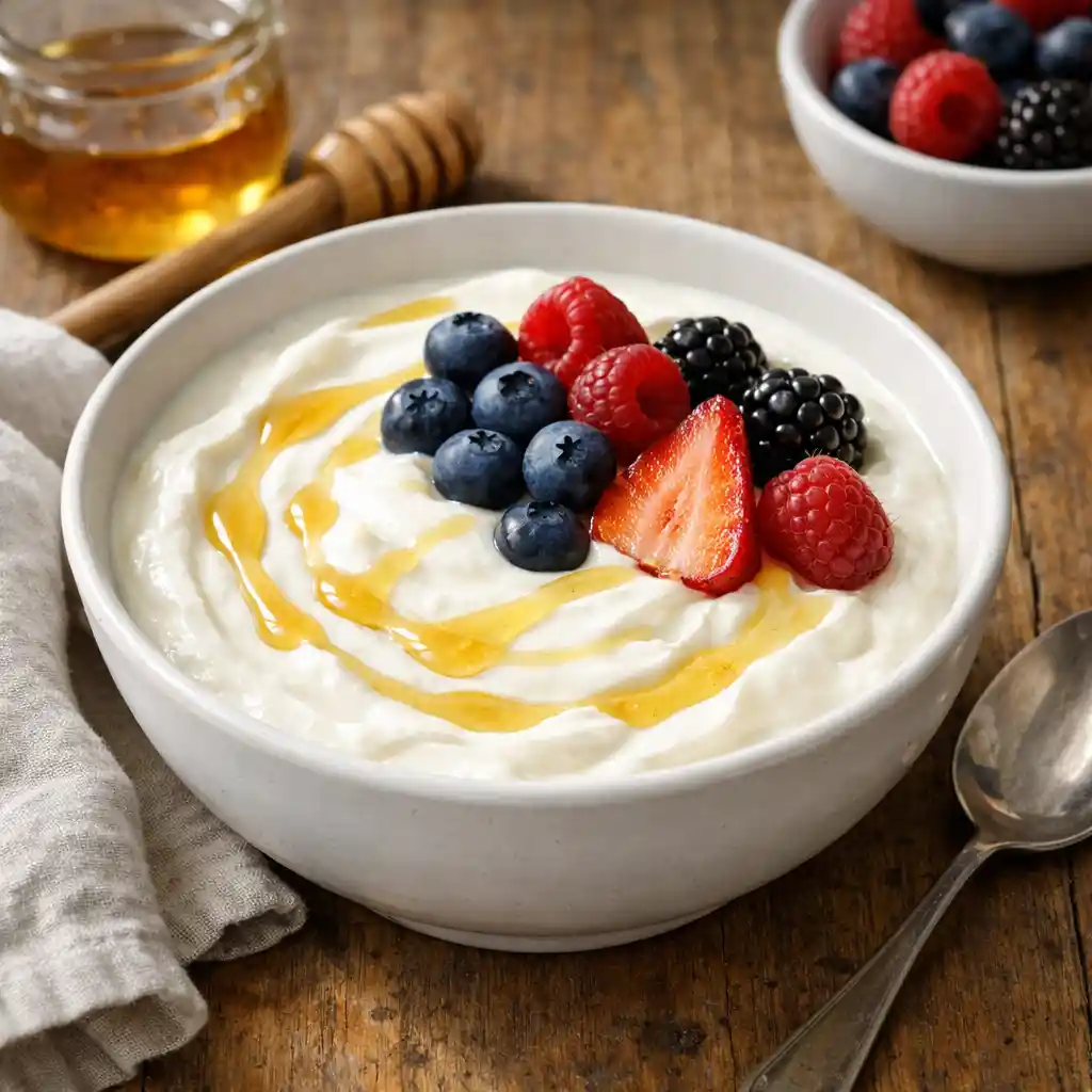 creamy probiotic yogurt with spoon close up