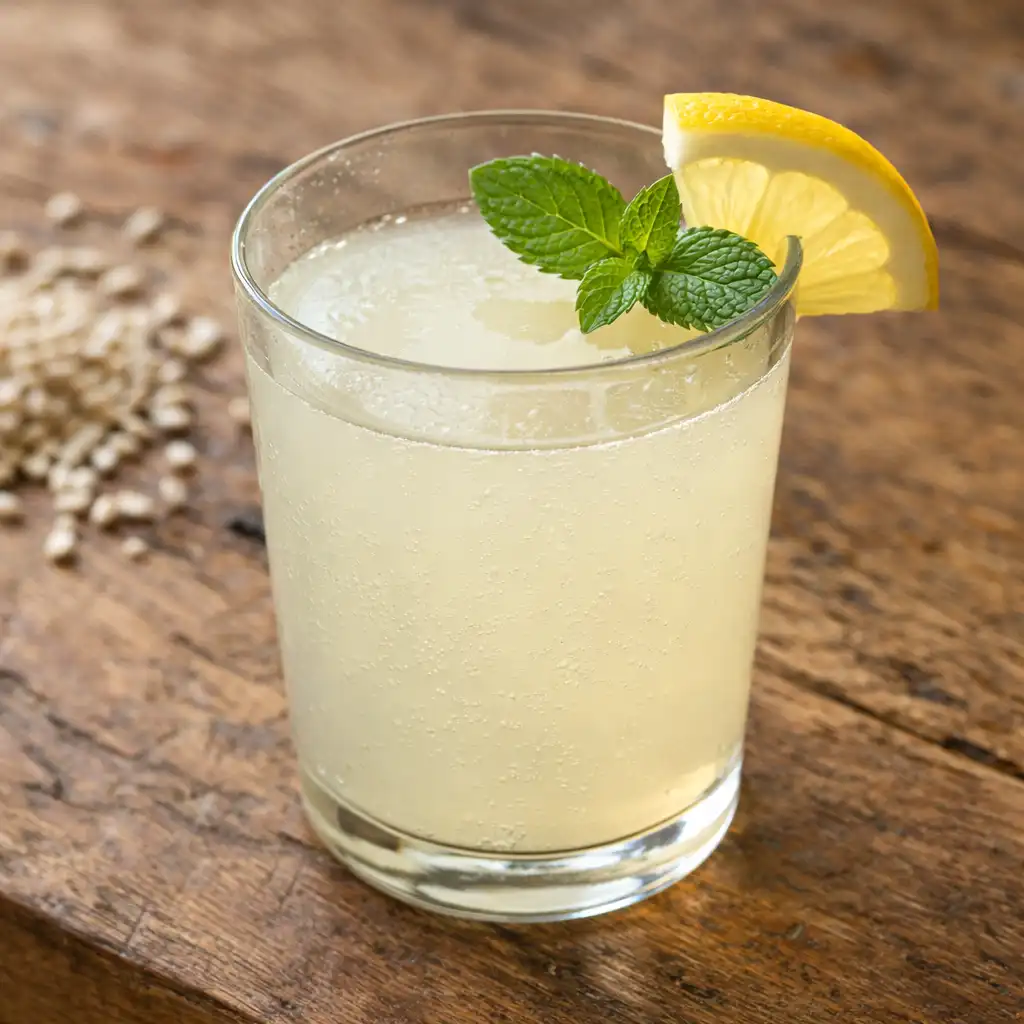 A close-up of barley water with a sprig of mint and a lemon wedge on the rim of the glass. barley water recipe
