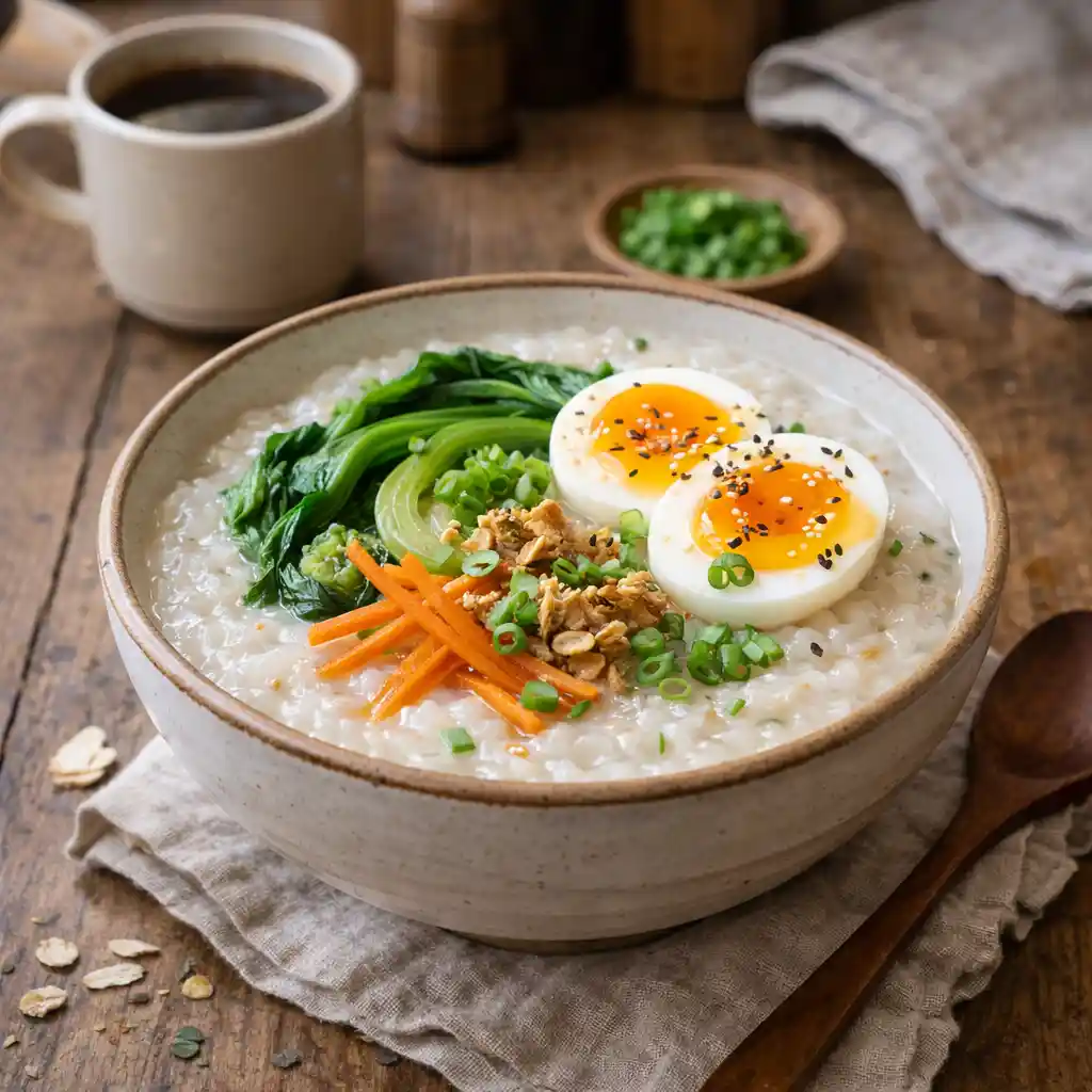 Bowl of congee with vegetables and soft-boiled egg on a rustic wooden table. Why is congee suddenly everywhere?