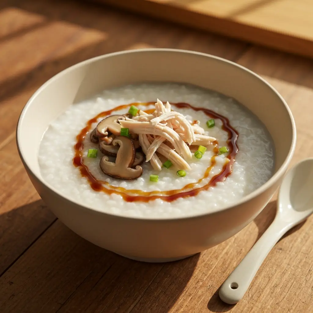 A savory bowl of congee with shredded chicken and sautéed mushrooms. What is the easiest congee breakfast recipe?