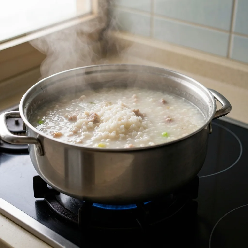 Congee simmering in a pot on the stovetop. What is the easiest congee breakfast recipe?