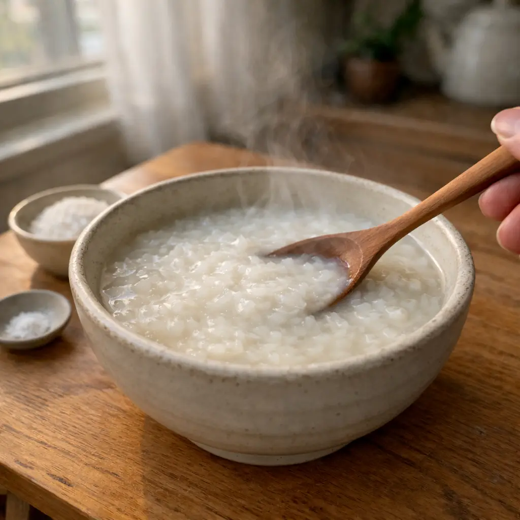 creamy rice porridge congee cooking in bowl with rice and salt nearby 3 ingredient congee breakfast