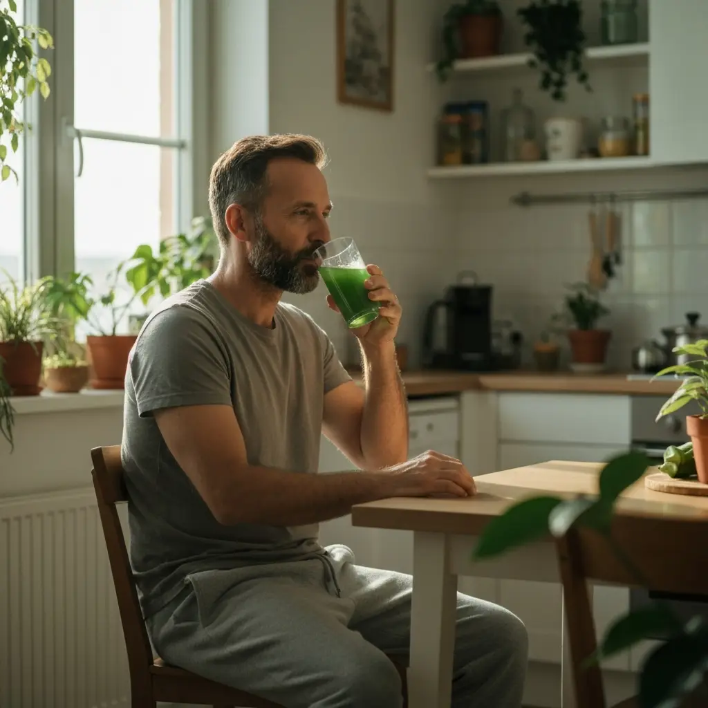 A person enjoying a glass of okra water in a cozy home kitchen. okra water for gut health