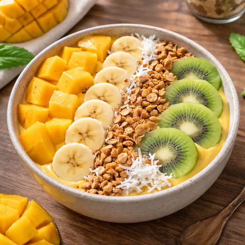 Hand holding homemade smoothie bowl near sunny kitchen window