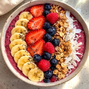 Top view smoothie bowl with oats coconut flakes and fresh fruit toppings