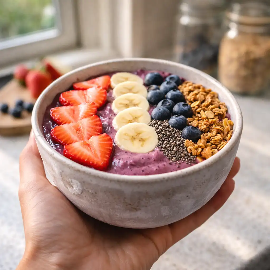 Person relaxing with smoothie bowl topped with fruit and granola