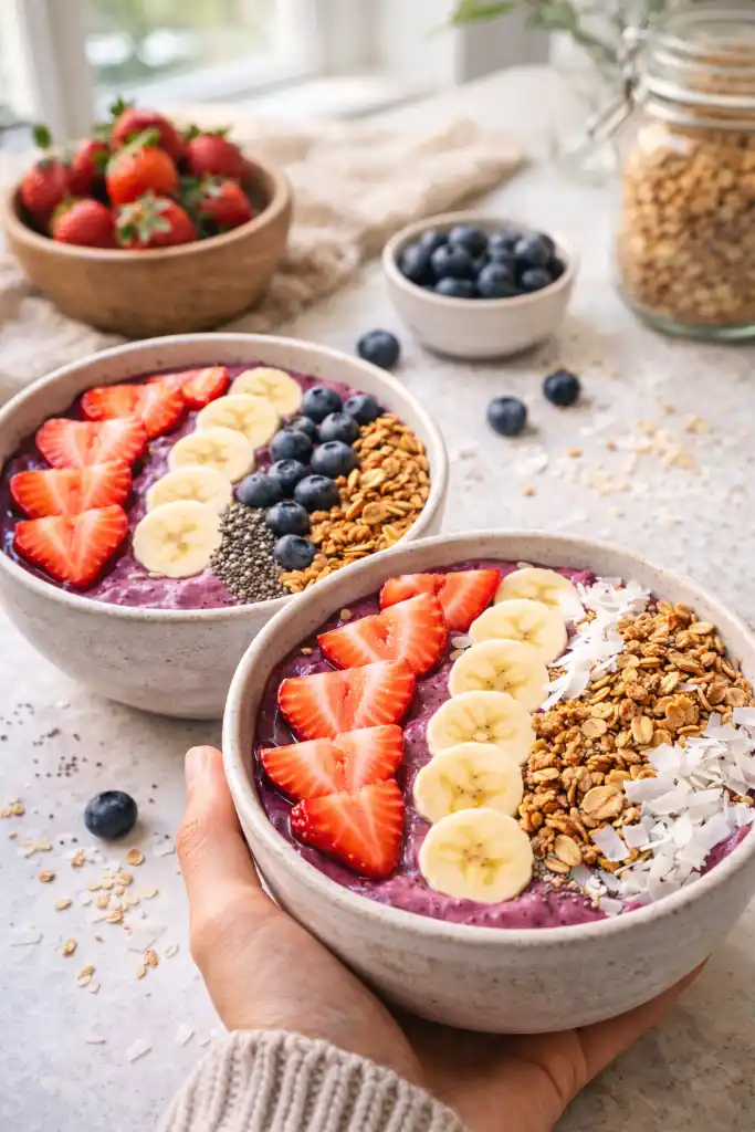 Pinterest style vertical collage of colorful smoothie bowls with fruit toppings