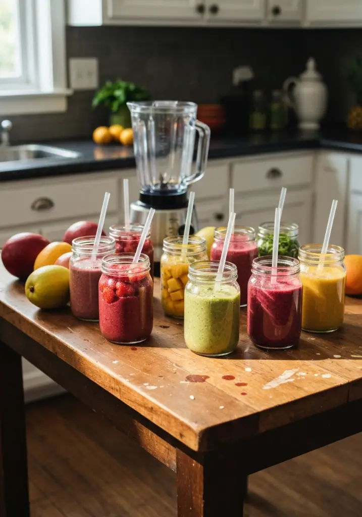 Colorful homemade smoothie jars with berries, mango, and green smoothies on a rustic table
