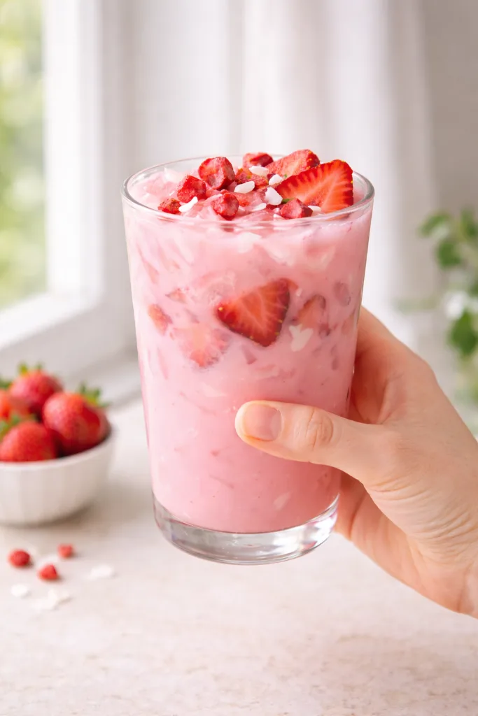 Tall glass of Starbucks style pink drink