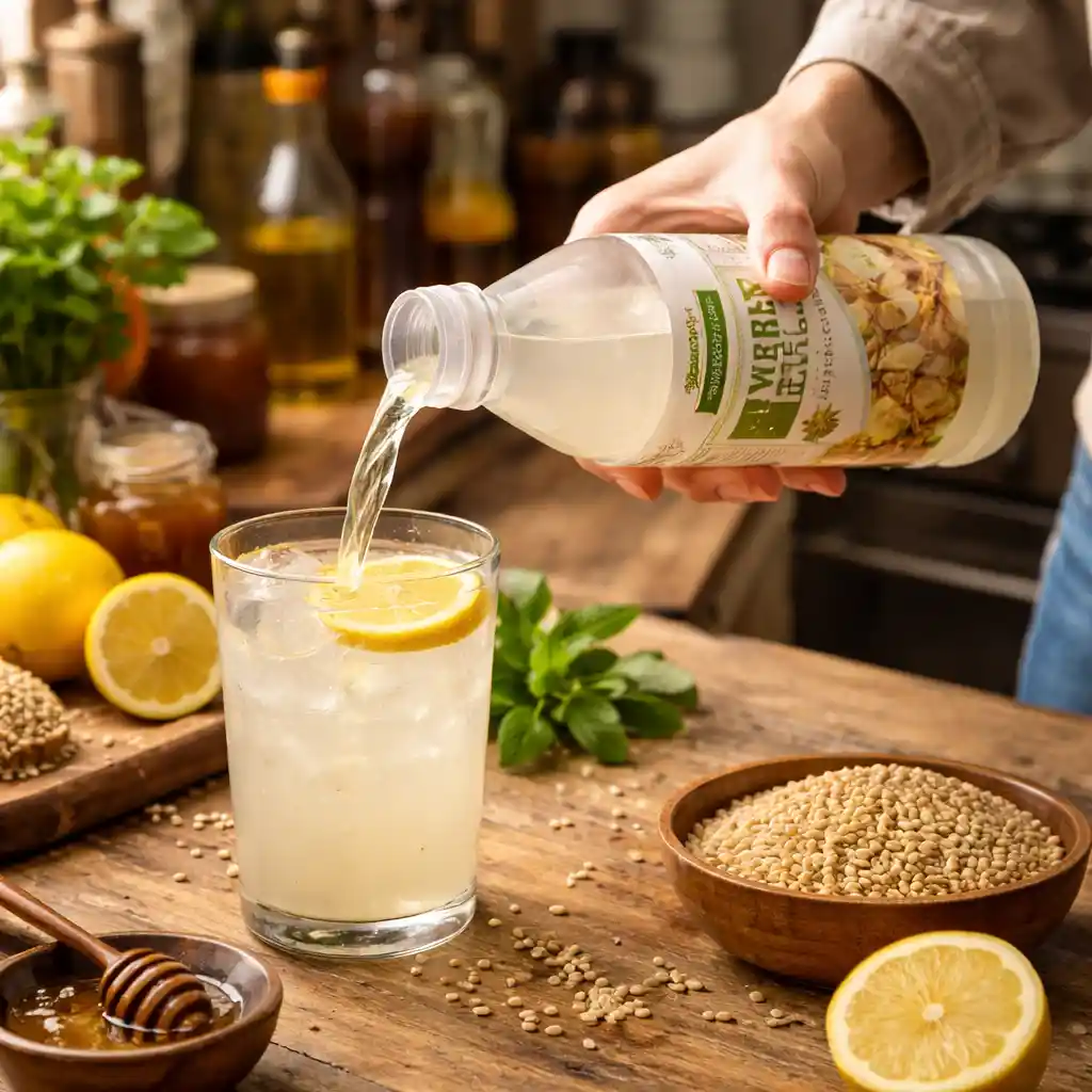 Pouring store-bought barley water into a glass in a busy kitchen traditional barley water vs store bought