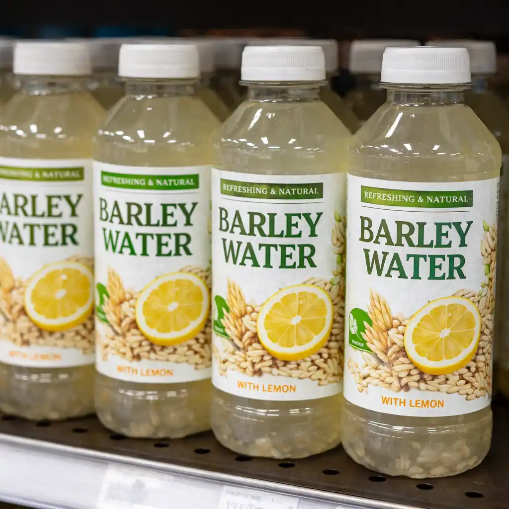 Store-bought barley water bottles on a grocery store shelf traditional barley water vs store bought