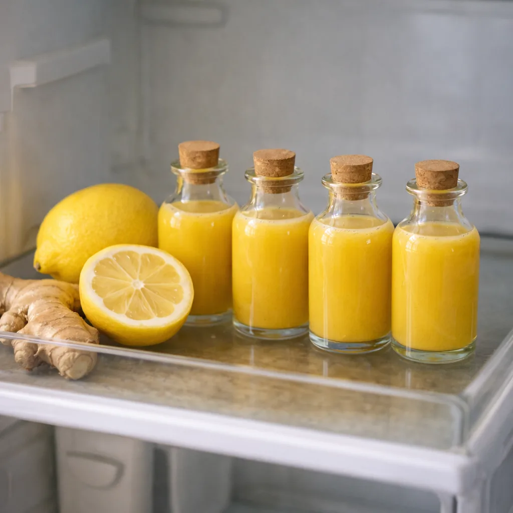 Bottled ginger wellness shots stored in refrigerator