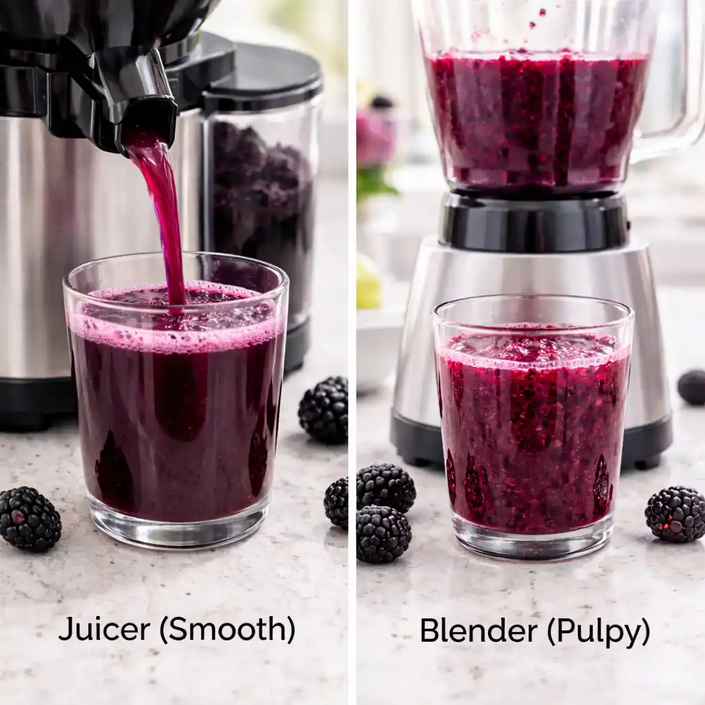 Straining blackberry juice through fine mesh sieve