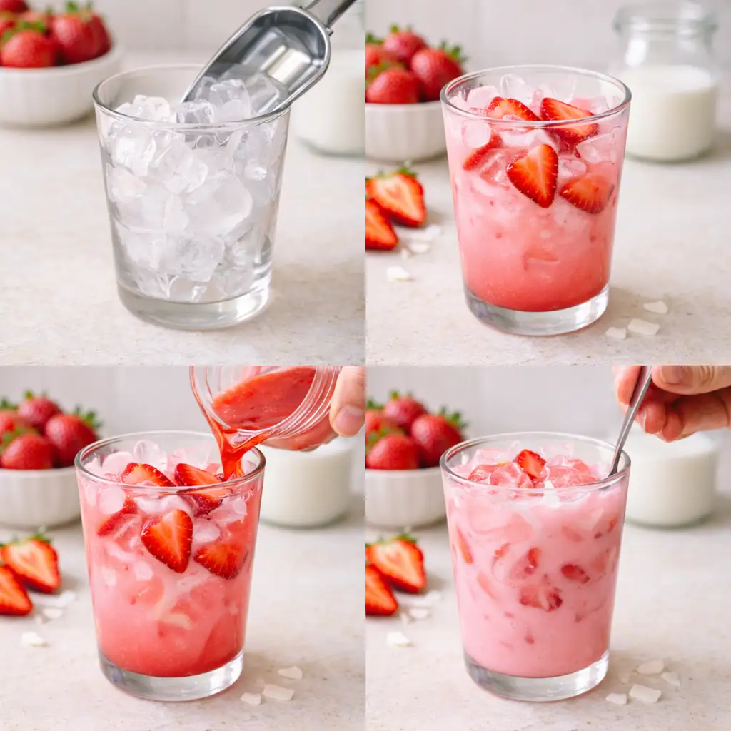 Strawberry coconut pink drink with fresh fruit topping