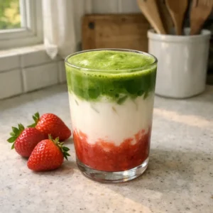 Layered strawberry matcha latte with fresh strawberries in a clear glass
