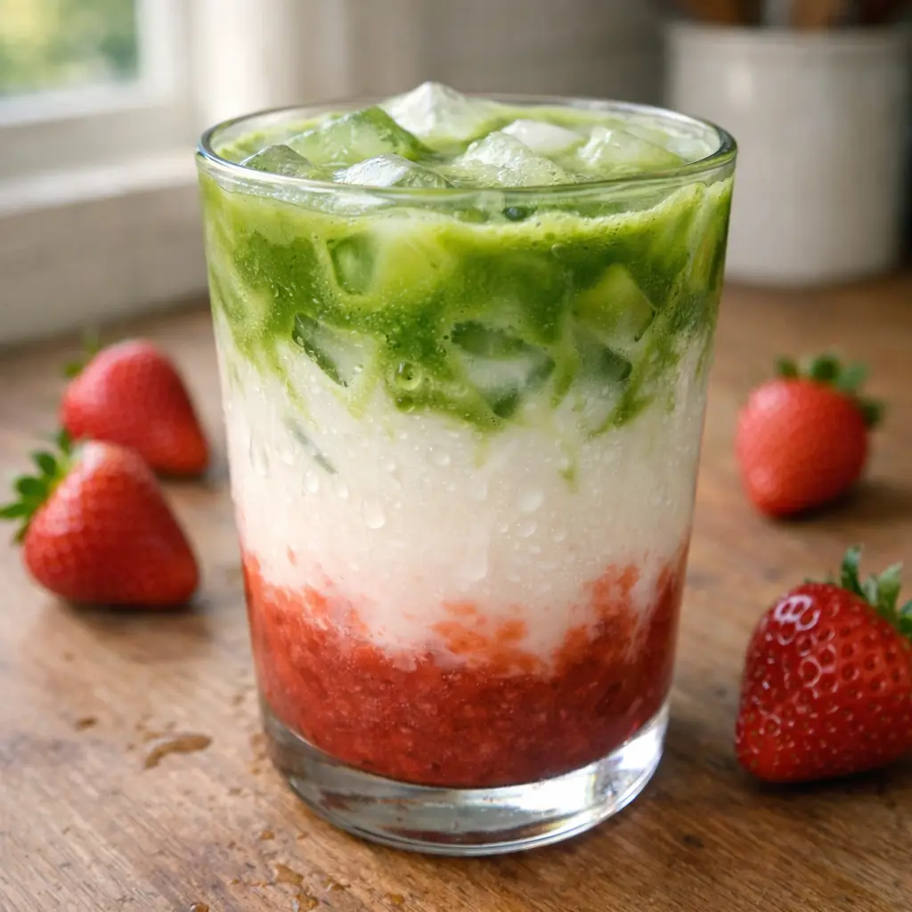 Hand holding a fresh strawberry matcha drink by a sunny kitchen window
