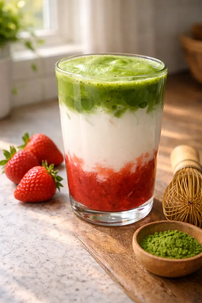 Pinterest style strawberry matcha latte with vibrant layered colors