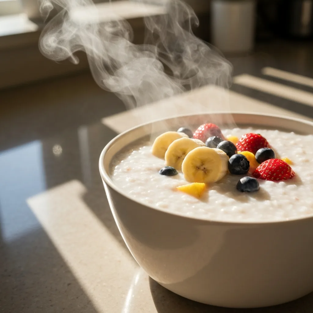 Sweet congee with coconut milk and fresh fruit toppings. What is the easiest congee breakfast recipe?