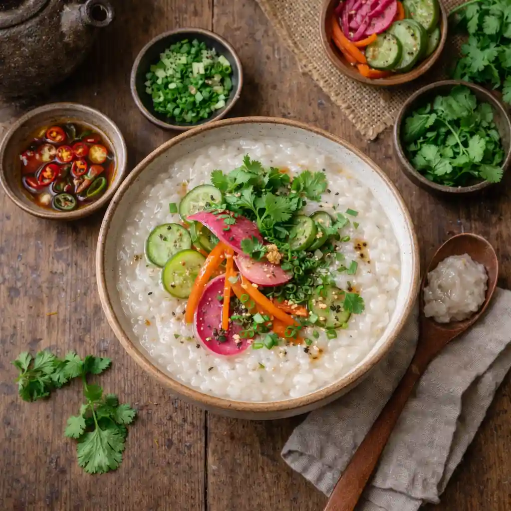 Overhead view of congee with pickled vegetables and herbs. Why is congee suddenly everywhere?