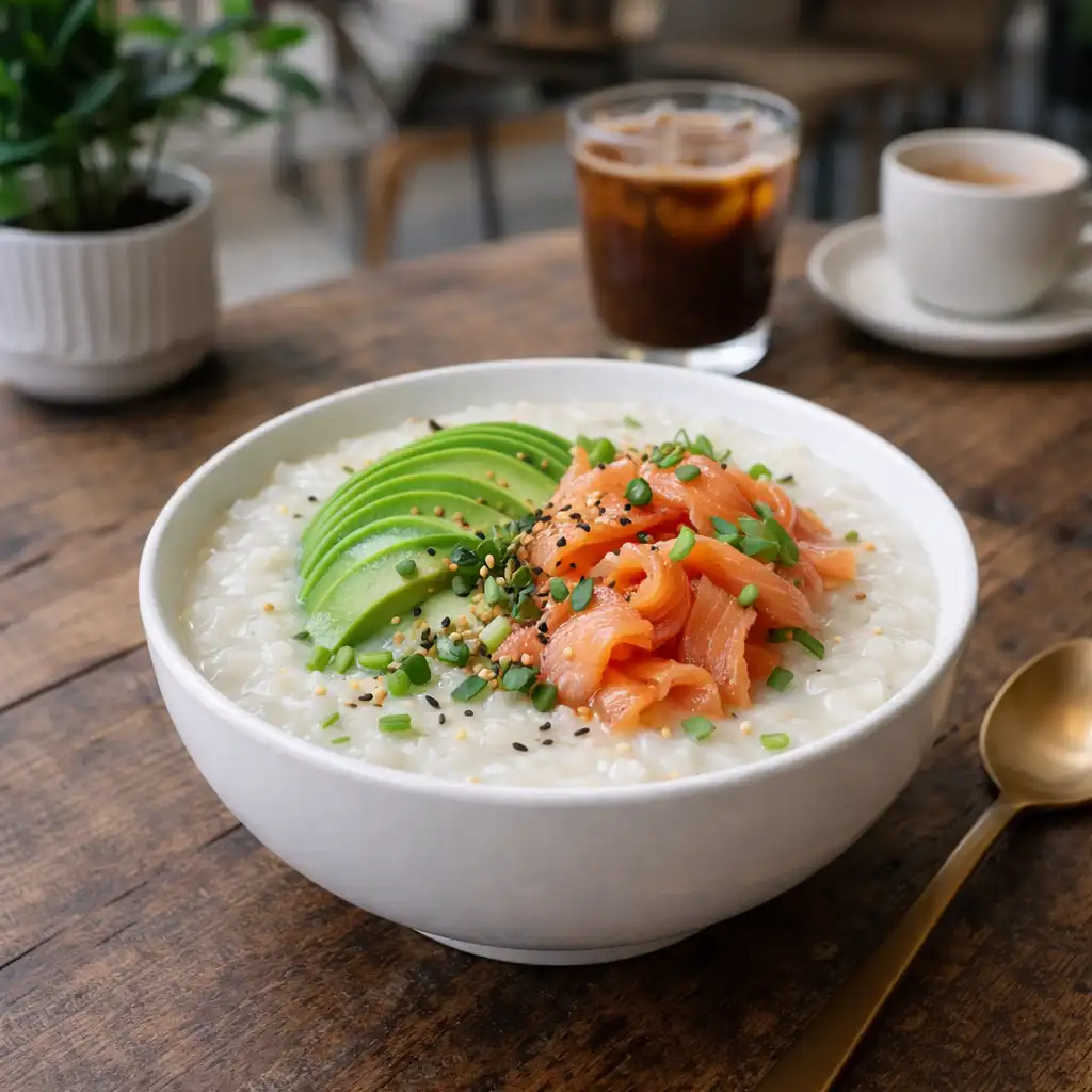 Trendy café serving modern congee topped with avocado and smoked salmon. Why is congee suddenly everywhere?