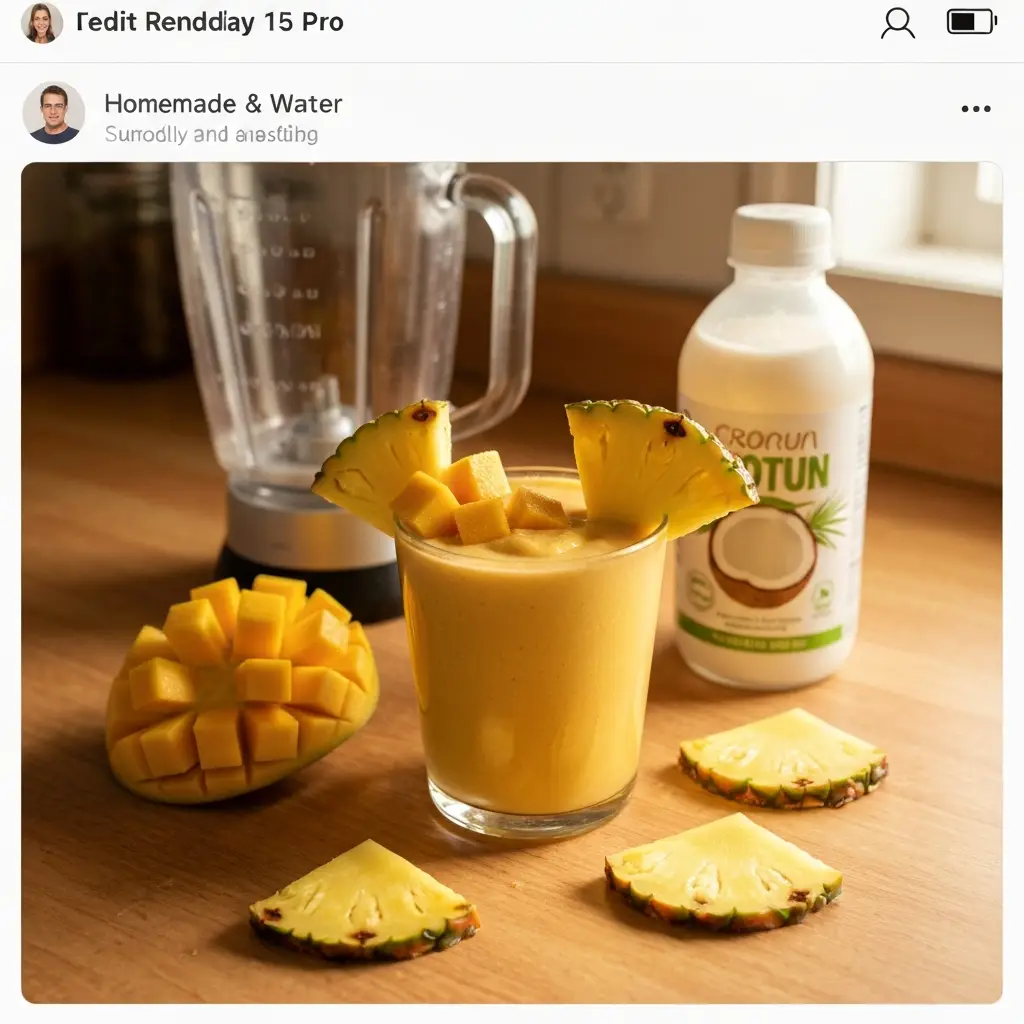 Tropical mango pineapple smoothie with fresh fruit pieces on a kitchen counter