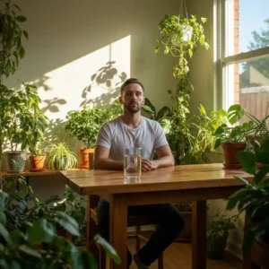 Person sitting at a kitchen table with a glass of water during a water fasting challenge