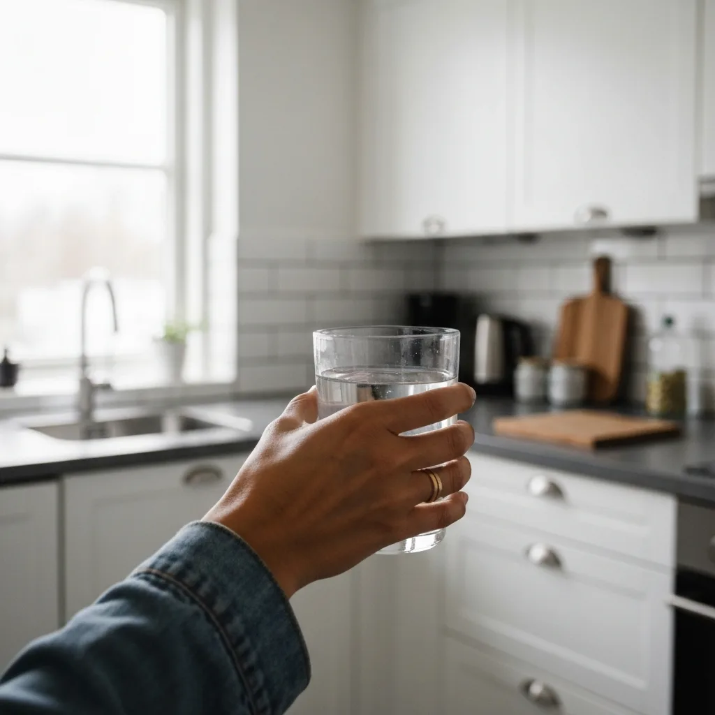 Hand holding a frosty glass of water near a bright kitchen window water fasting challenge