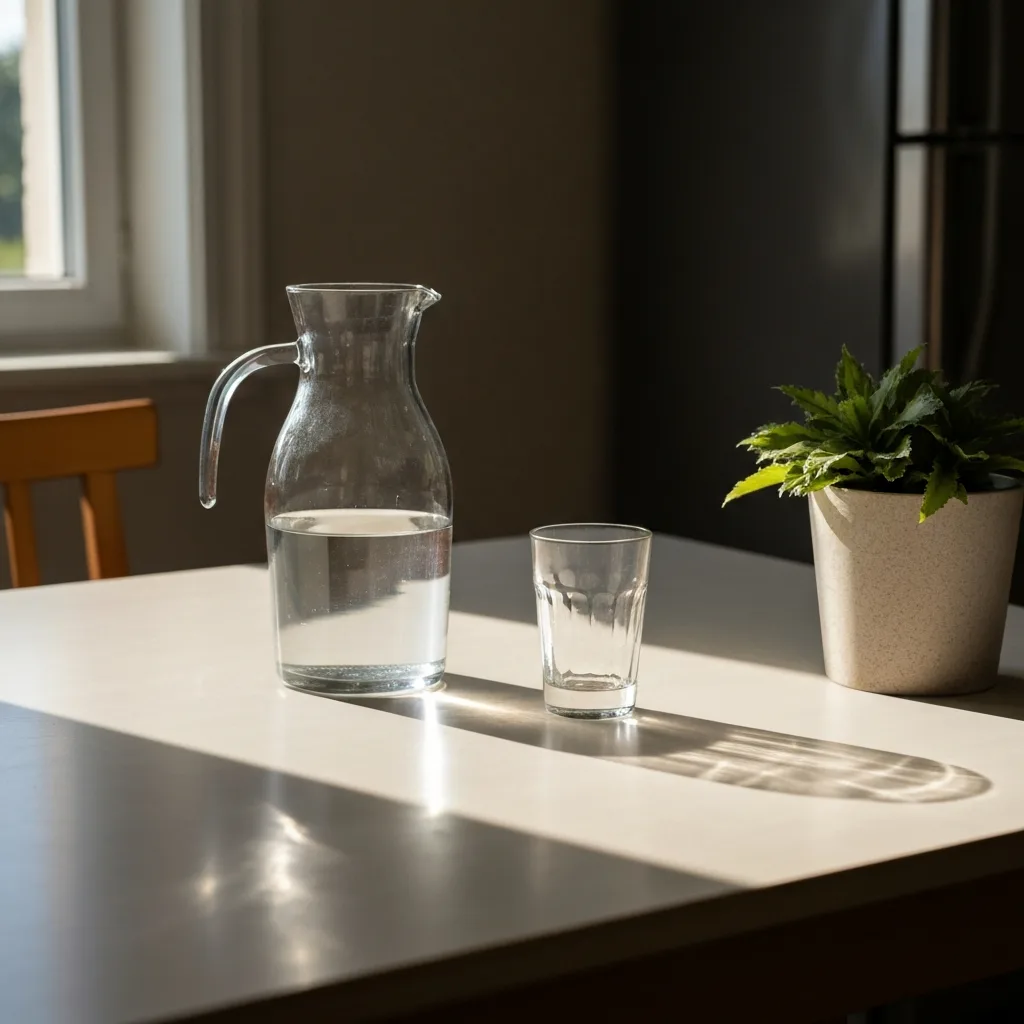 Water pitcher and glass on a kitchen table representing water fasting challenge hydration