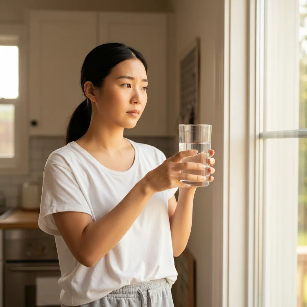 Person holding a glass of water near a bright kitchen window during fasting water fasting challenge