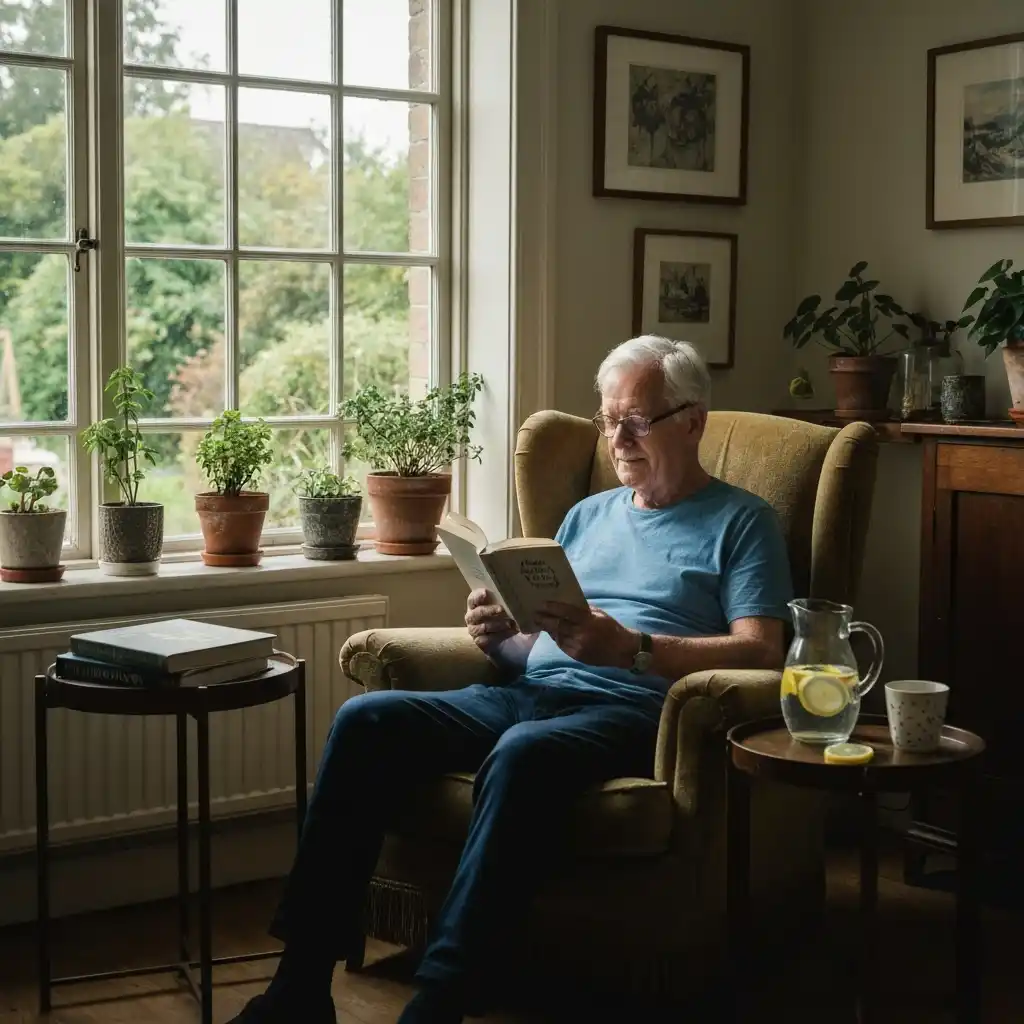 Person journaling with a glass of water during a fasting day at home water fasting challenge