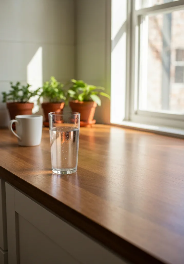 Vertical Pinterest style image of a glass of water on a bright kitchen table for water fasting challenge