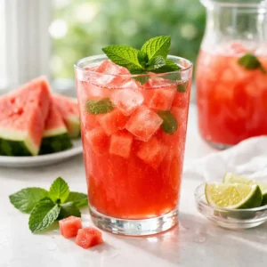 Watermelon mint drink ingredients including watermelon cubes mint and lemon