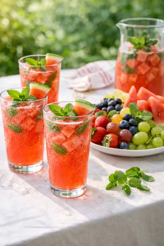 Summer table with glasses of watermelon mint hydration drink