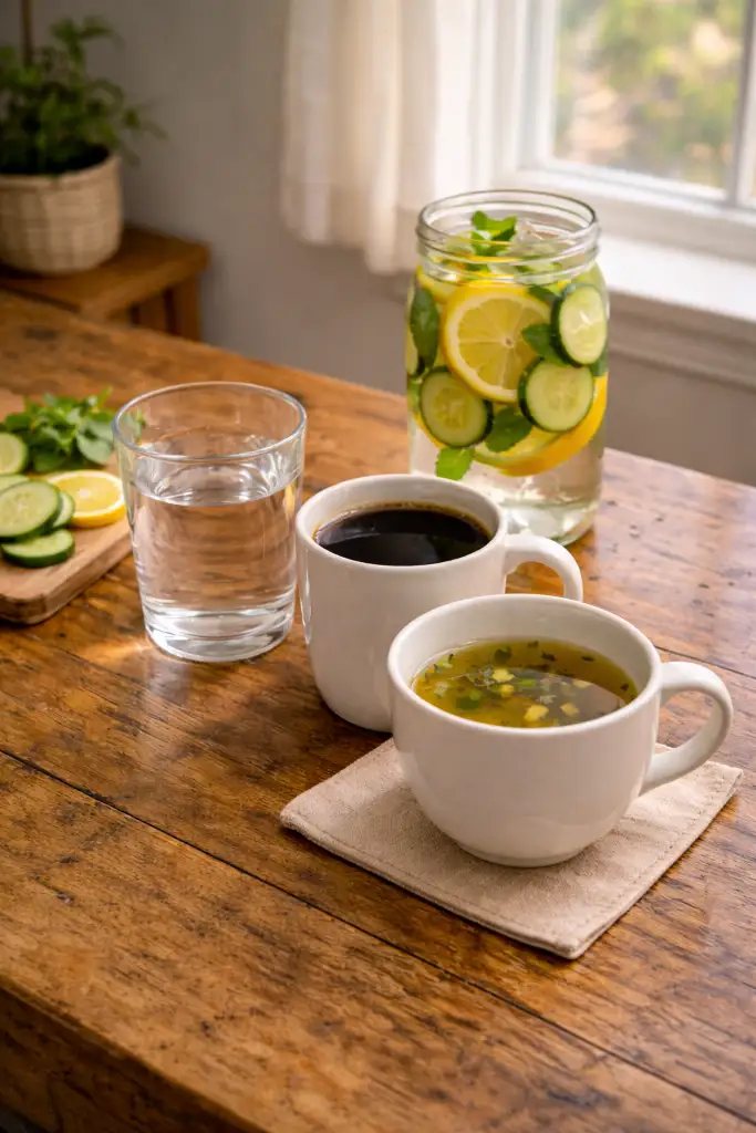 Vertical Pinterest image showing healthy drinks allowed during fasting what can you drink while fasting